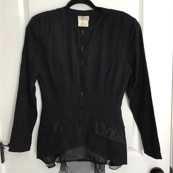 Vintage Char Button Up Collared Black Blazer Long Sleeve 100% Silk Size 8 - Picture 1 of 5